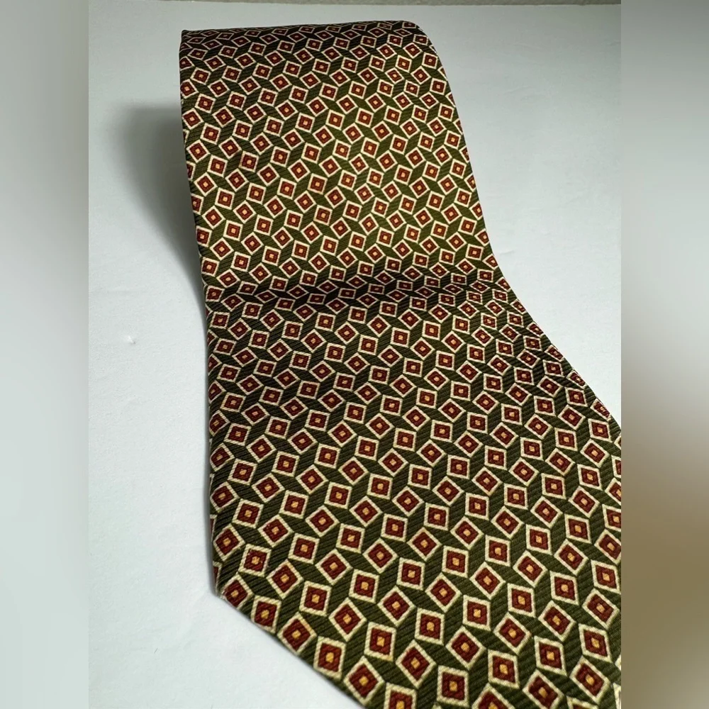 POLO RALPH LAUREN Necktie -Tie Handmade Usa Silk Green-Burgundy Squares